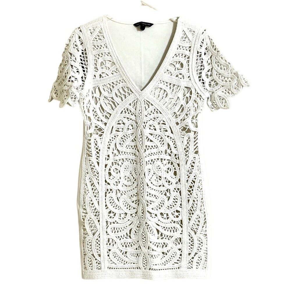 French Connection White Crochet Embroidery Mini Short Dress V Neck Sz 10 L - Picture 4 of 16